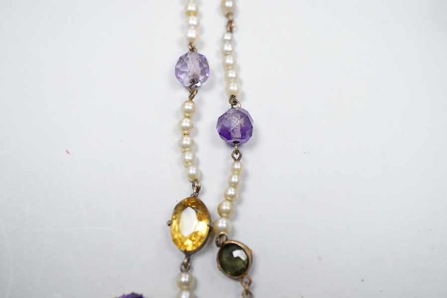 An Arts & Crafts gem-set and pearl necklace, circa 1900, composite, set with variously cut stones including citrine, amethyst, peridot, tourmaline and zircon, and pearls, length 42cm, pearls untested, Condition: good, ty